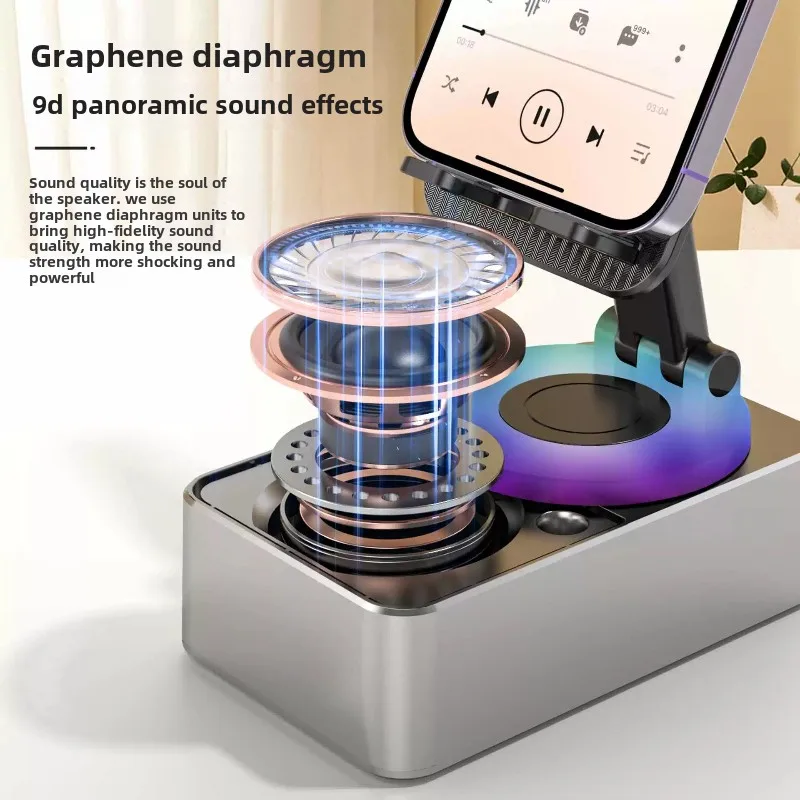 حامل الهاتف المحمول مع بنك الطاقة ومكبر الصوت 3 في 1 - حل محمول كامل، سعة بطارية 5000 مللي أمبير في الساعة