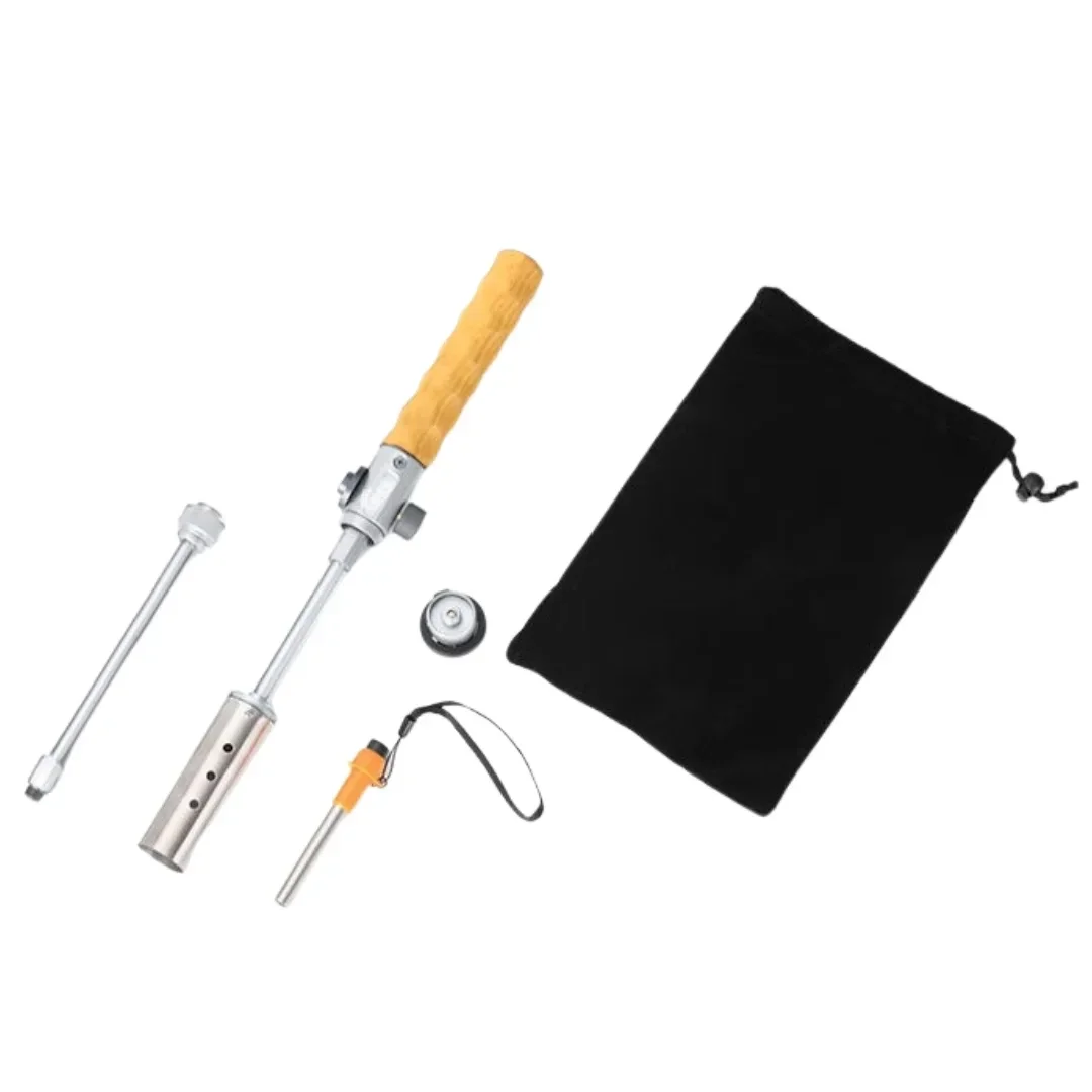 موقد إشعال طويل اللهب منللتخييم للاستخدام الخارجي بمقبض خشبي وموقد شواء للنزهات وخزان غاز ومسدس رش ومجموعة أدوات موقد قابلة للإزالة