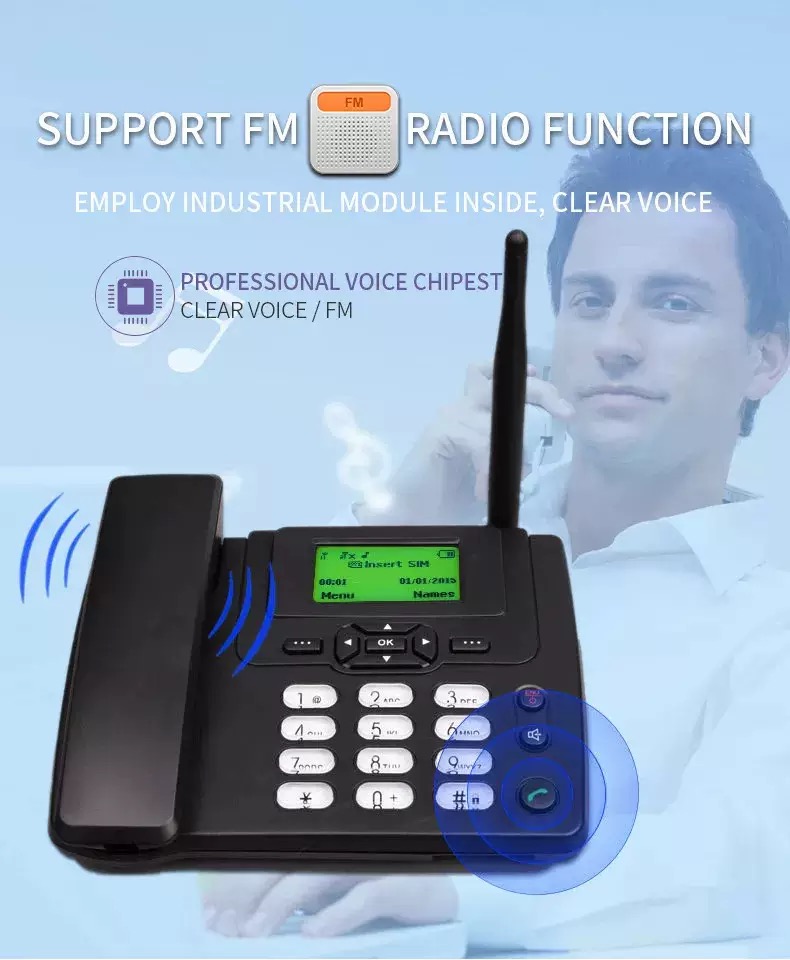 هاتف لاسلكي GSM، هاتف منزلي ومكتبي وتجاري ثابت مع راديو وفتحة لبطاقة الهاتف