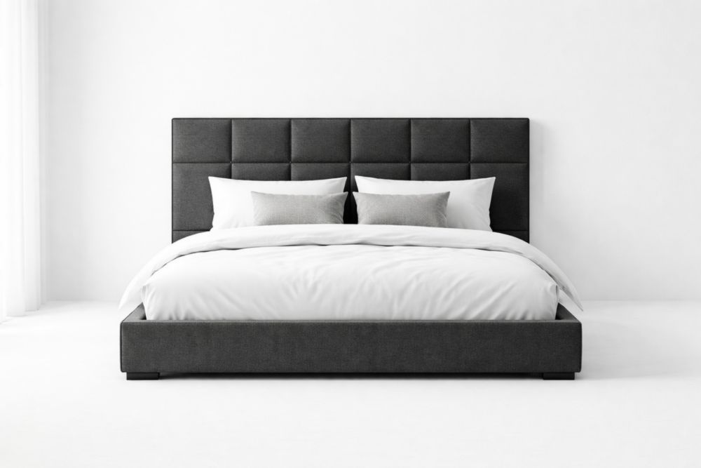 Upholstered Bed Frame with Padded Headboard in Dark Gray