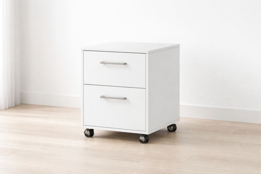 White Two-Drawer Rolling File Cabinet Particle Board 40cm x 45cm x 50cm