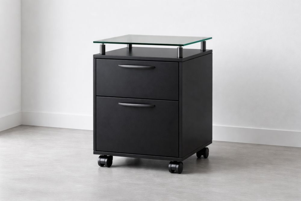 Black Metal Rolling File Cabinet with Tempered Glass Top