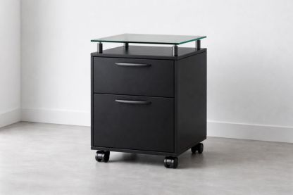 Black Metal Rolling File Cabinet with Tempered Glass Top