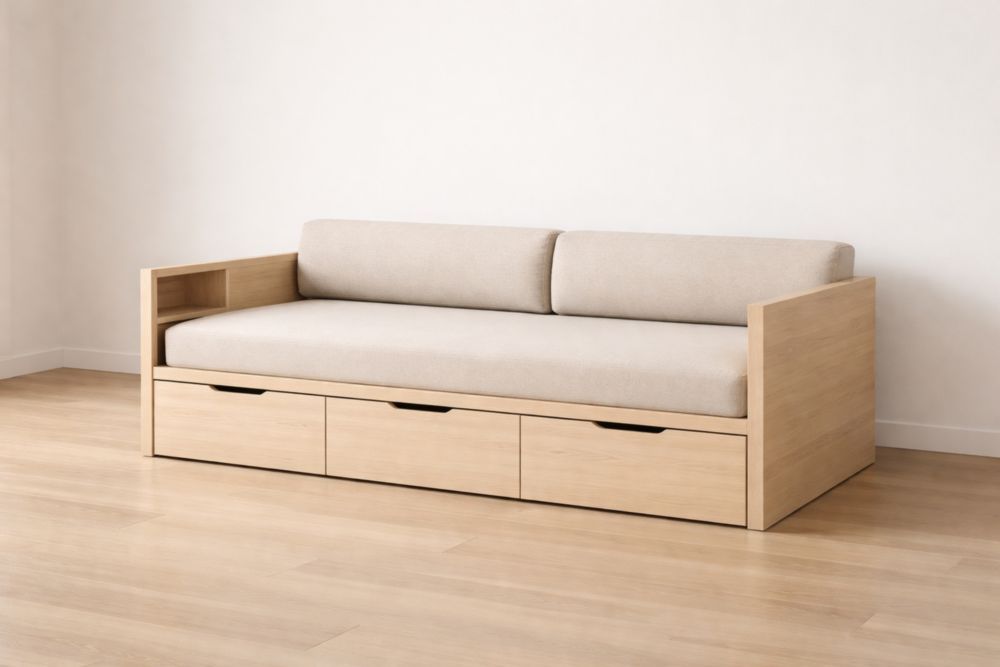 Solid Wood Sofa Bed with Storage Drawers Beige Cushion