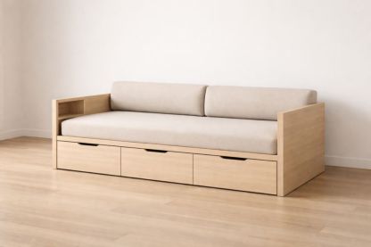 Solid Wood Sofa Bed with Storage Drawers Beige Cushion