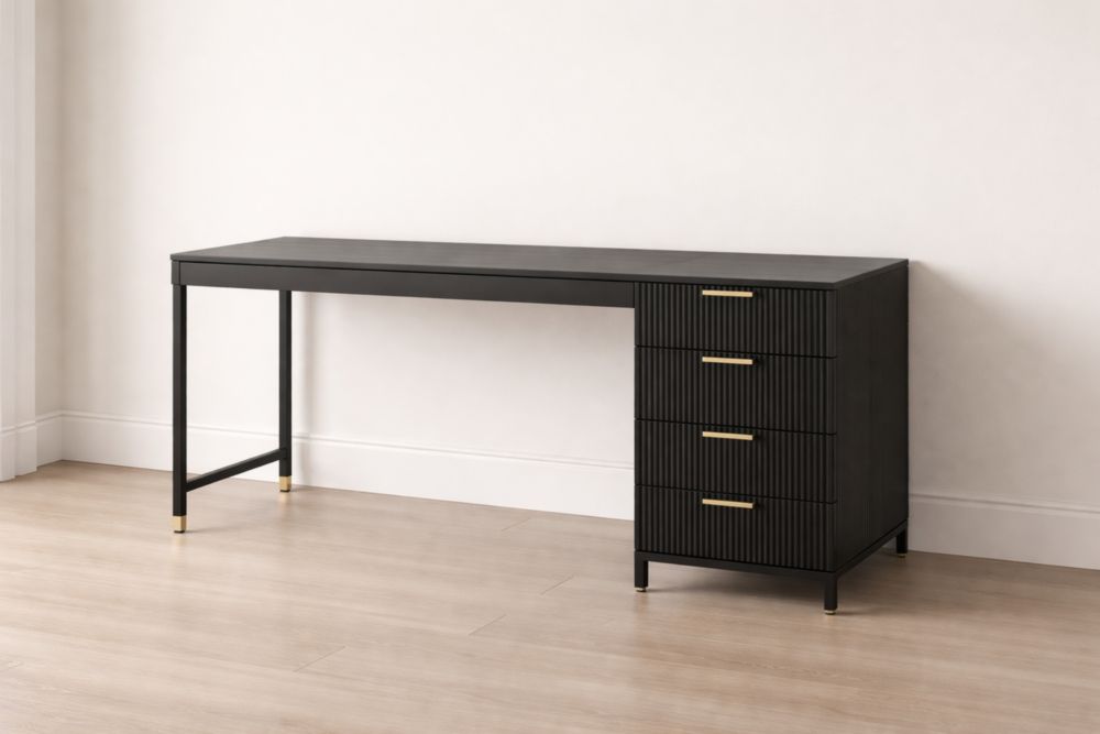 Black Desk with Metal Frame and Four Drawers