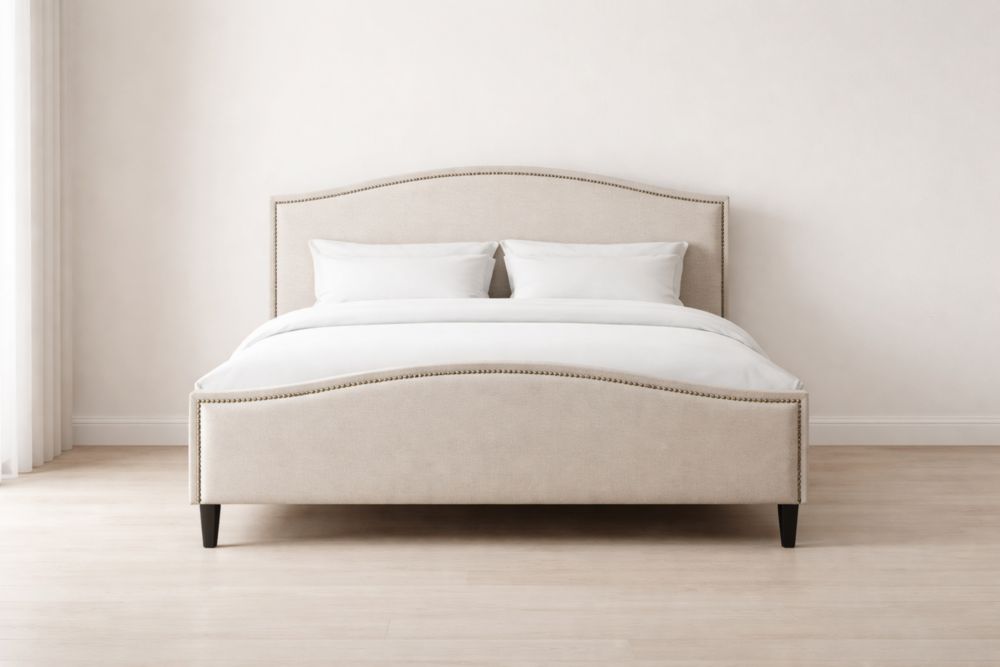 Beige Fabric Upholstered Platform Bed with Nailhead Trim