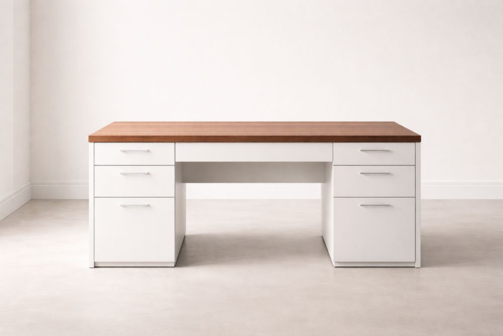 Wood Top Desk with White Base and Drawers