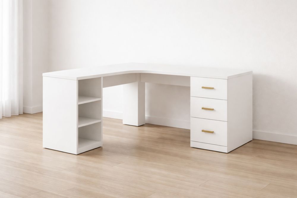 L-Shaped White Engineered Wood Desk with Drawers and Shelves