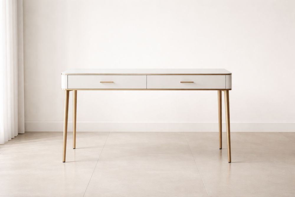 White Desk with Gold Metal Legs and Two Drawers