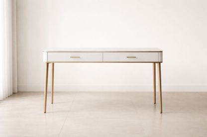 White Desk with Gold Metal Legs and Two Drawers