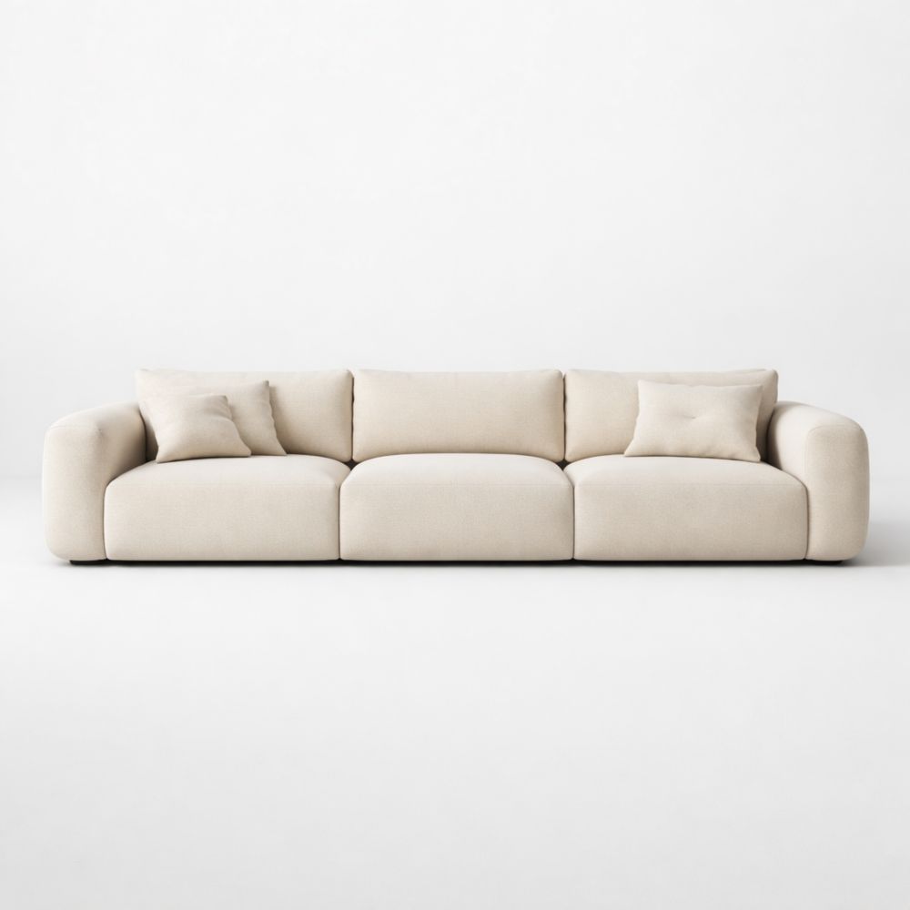 Beige Fabric Three-Seater Sofa with Cushions