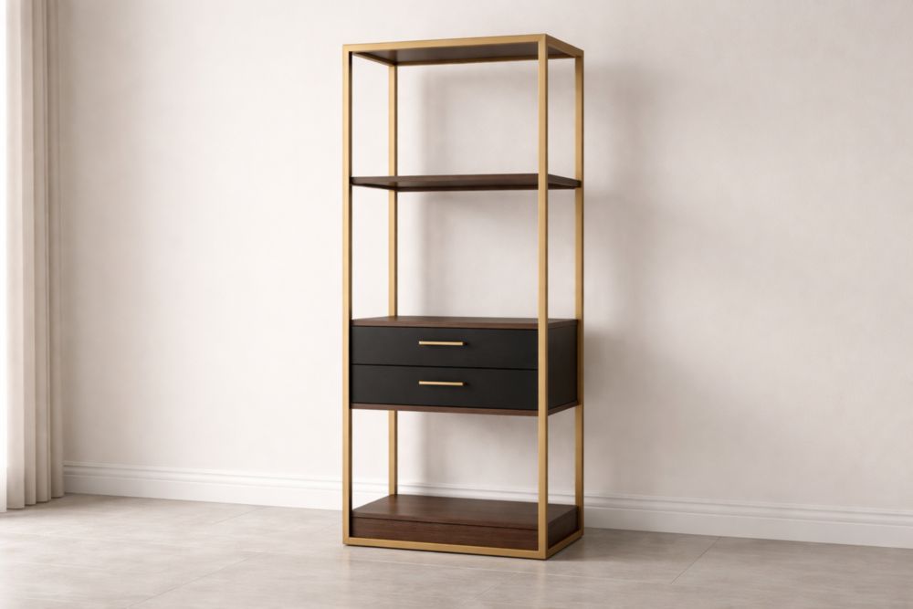 Black Metal and Wood Bookcase with Shelves and Drawers