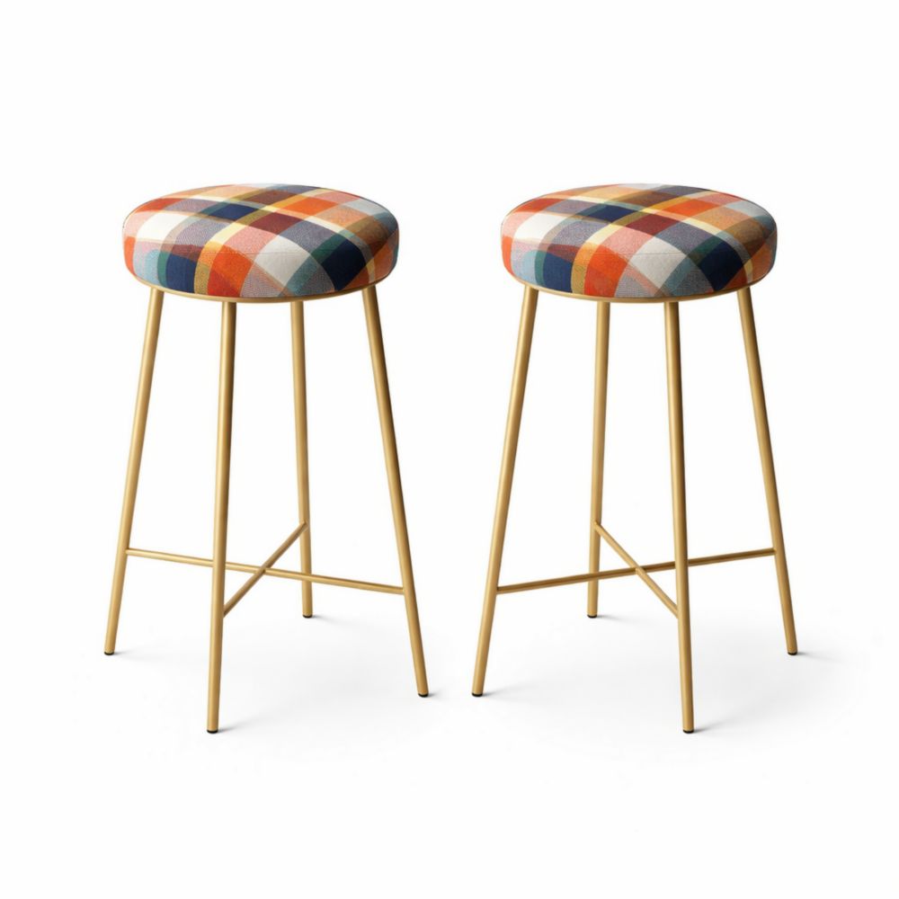 Set of 2 Bar Stools with Metal Legs Multicolor Plaid