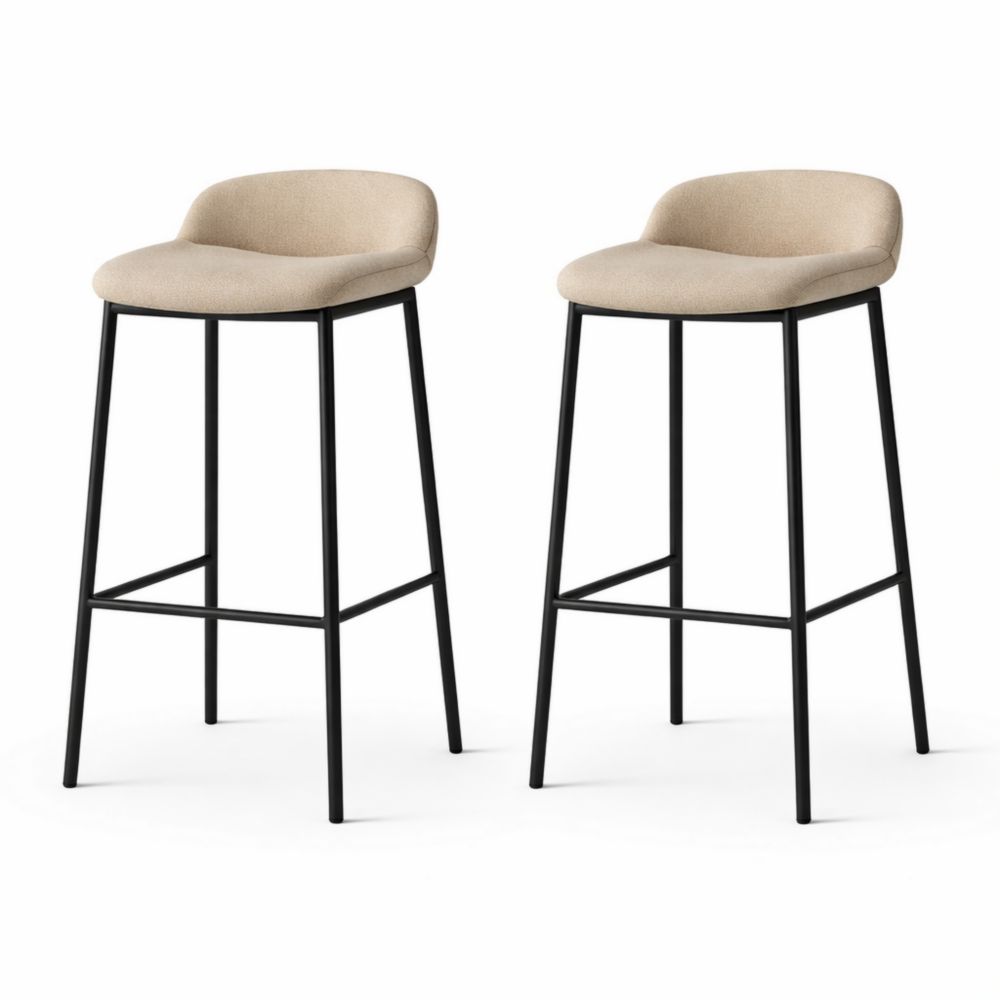 Fabric Upholstered Bar Stools Set Beige Black Steel Frame 76cm Height