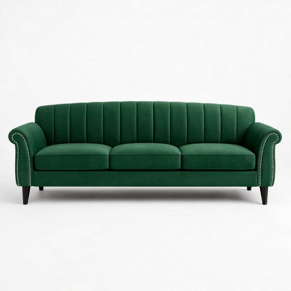 Green Velvet Upholstered Three-Seater Sofa 200cm