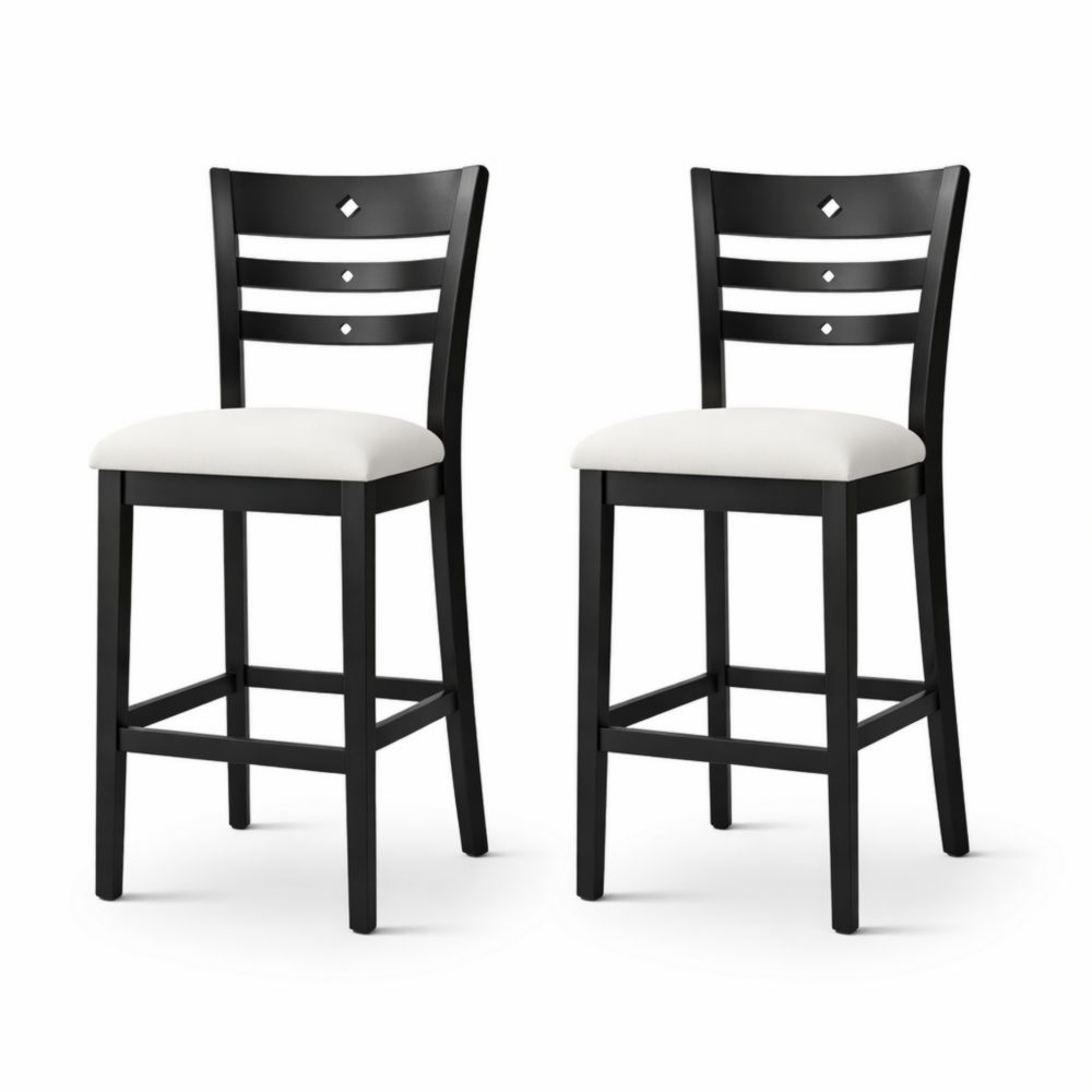 Set of 2 Black Wood Bar Stools with White Fabric Upholstered Seat
