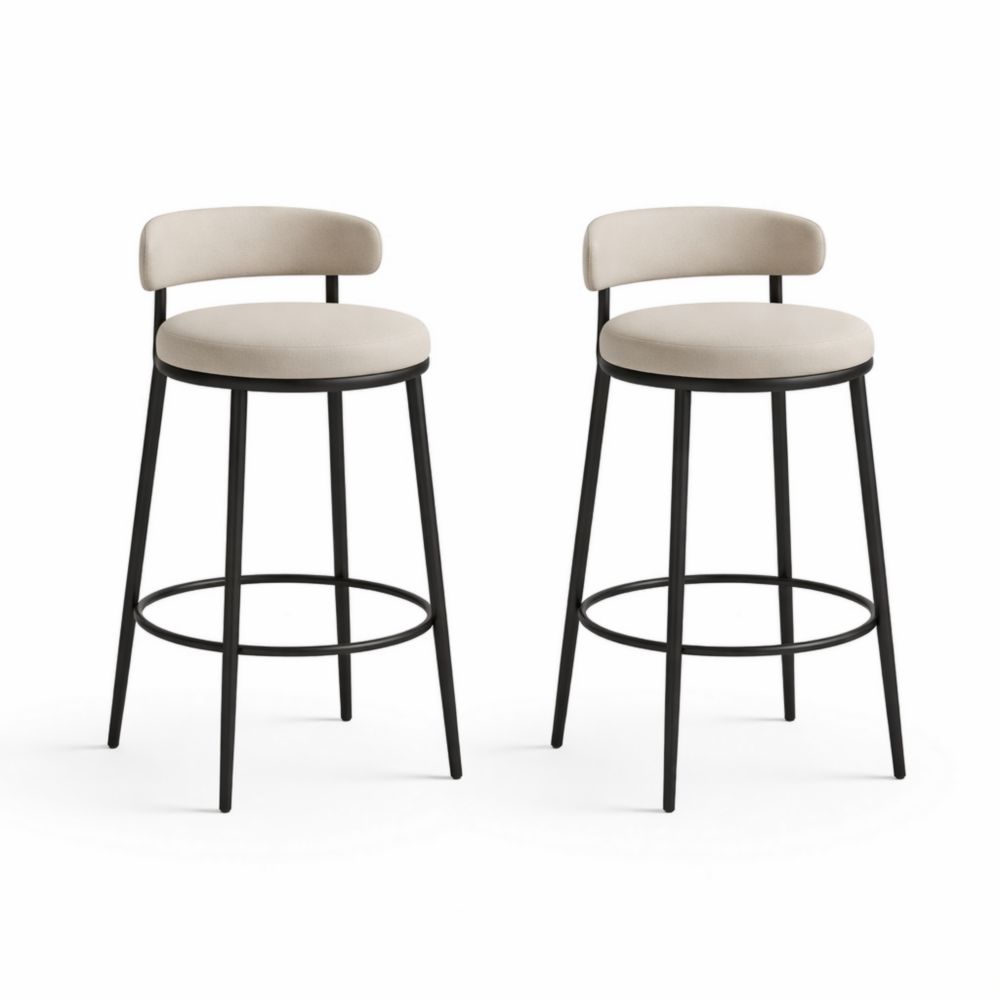 Set of 2 Beige Upholstered Metal Frame Bar Stools with Backrest 75cm