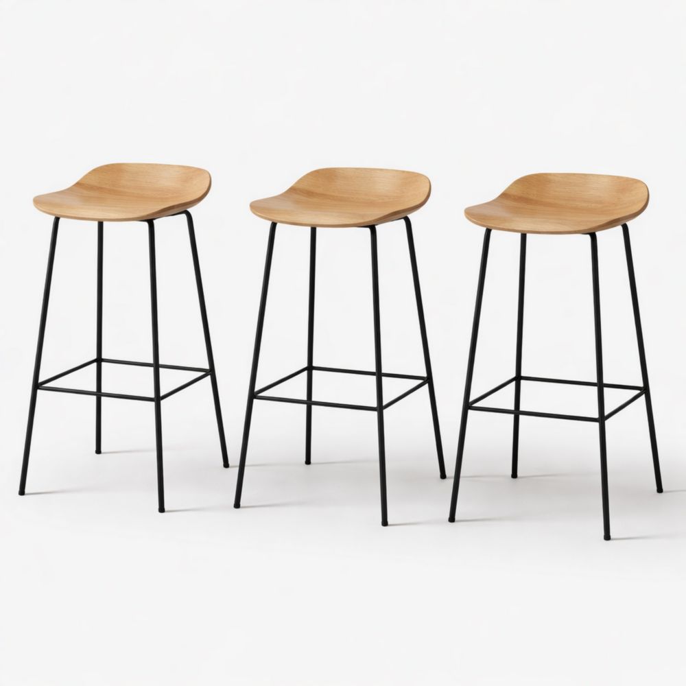 Set of 3 Oak Veneer Bar Stools with Black Metal Legs
