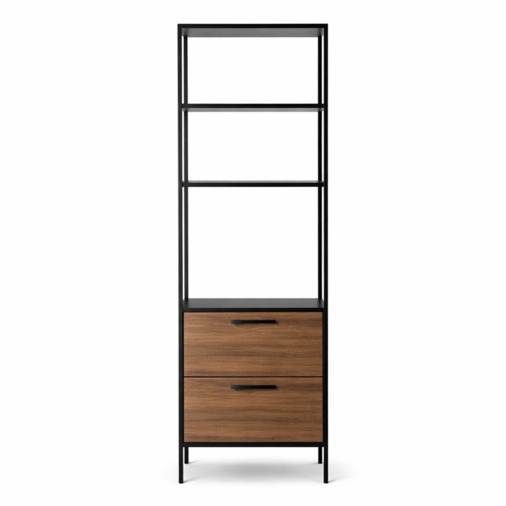 Metal and Wood Bookshelf with Drawers Black and Oak 180 cm