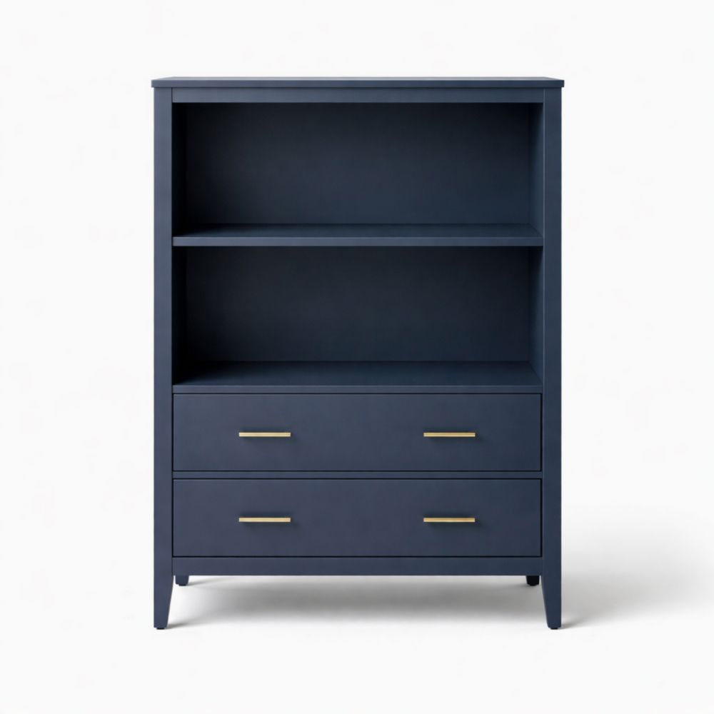 Blue Wood Bookcase with Shelves and Drawers
