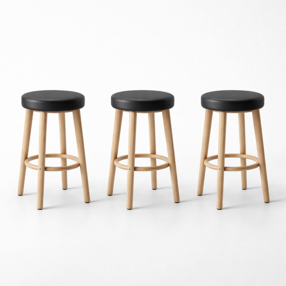 3-Piece Bar Stool Set with PU Leather Seat and Solid Wood Frame Black