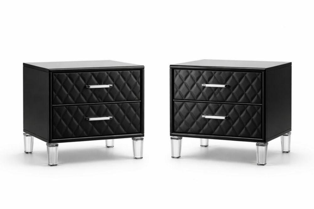 Set of 2 Black Faux Leather Nightstands with Quilted Pattern and Acrylic Legs-Homelivino