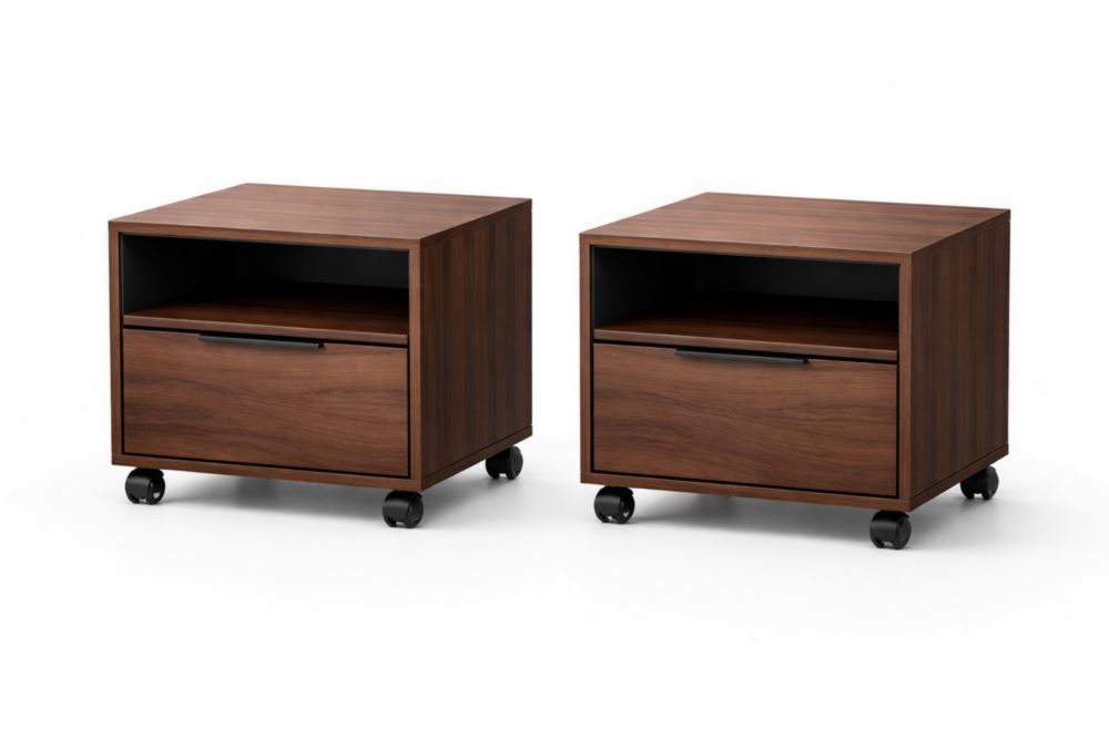 Set of 2 Walnut Wood Mobile Nightstands with Drawers and Open Storage 50x40x40 cm-Homelivino