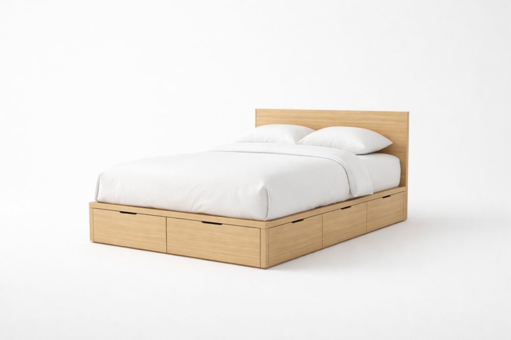 Wooden Platform Bed with Storage Drawers Double Bed Light Oak-Homelivino