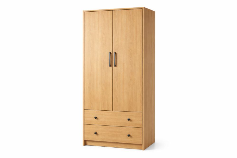 Wood Wardrobe with Two Doors and Two Drawers in Natural Finish-Homelivino