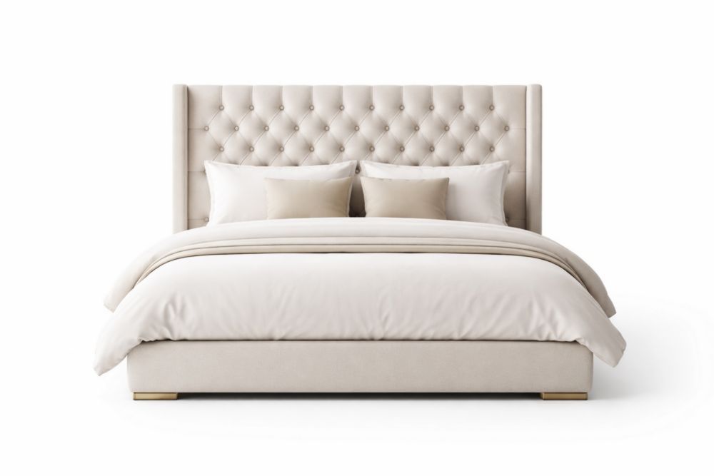 Upholstered Double Bed  Button-Tufted Headboard Cream Fabric 200cm Length-Homelivino