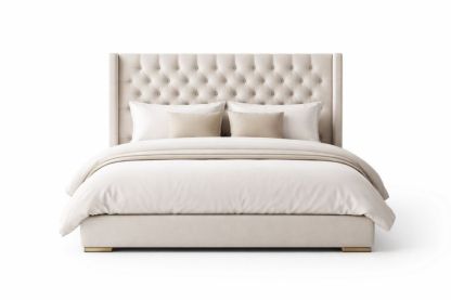 Upholstered Double Bed  Button-Tufted Headboard Cream Fabric 200cm Length-Homelivino