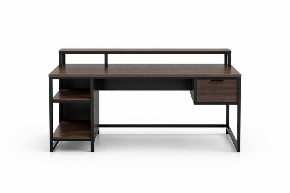 Wood and Metal Computer Desk with Shelves and Drawer Brown-Homelivino