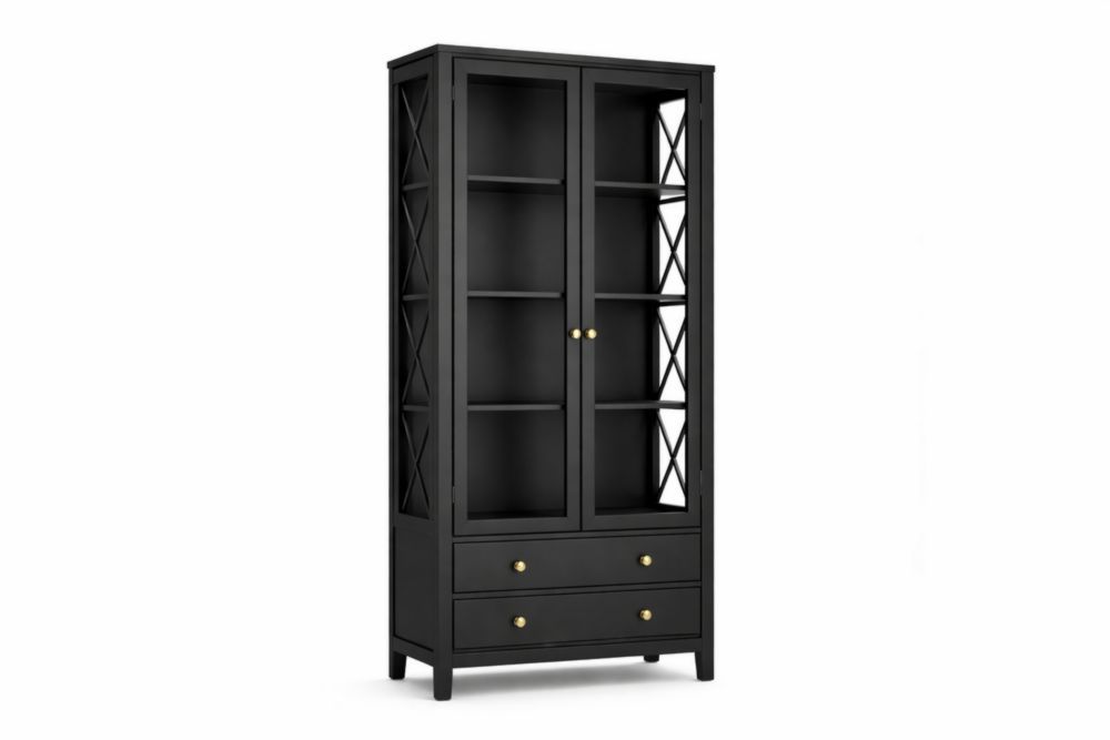 Black Display Cabinet with Glass Doors and Drawers-Homelivino