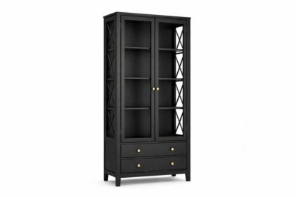 Black Display Cabinet with Glass Doors and Drawers-Homelivino