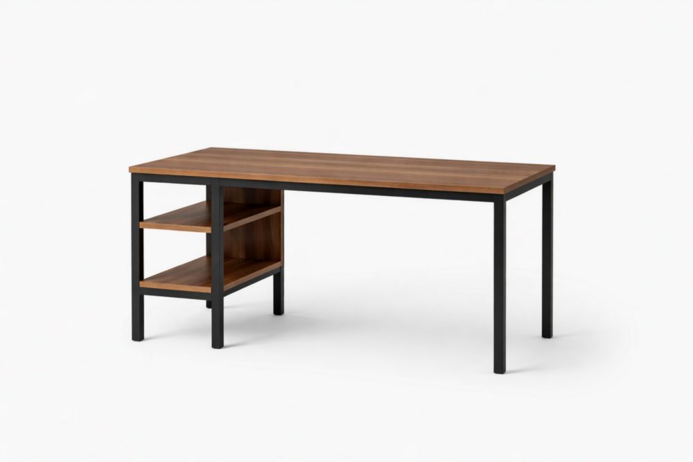 Wood and Metal Desk with Shelves Brown/Black-Homelivino