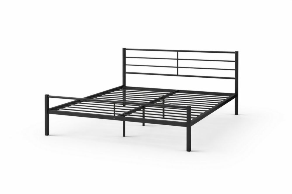 Queen Size Black Metal Bed Frame with Headboard and Slat Support-Jardinonara