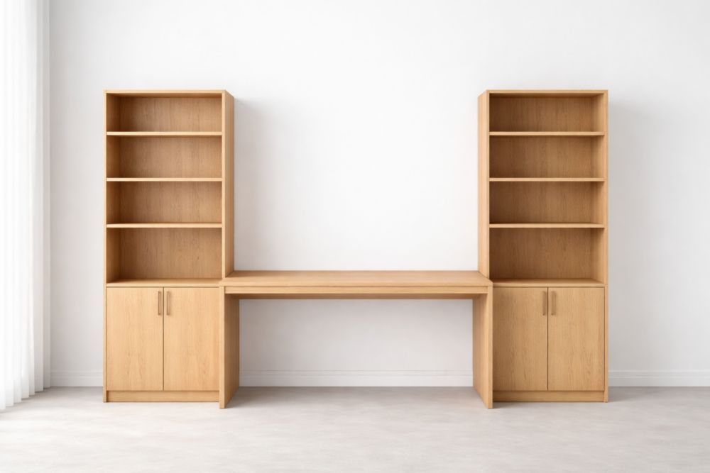 Wooden Desk with Double Bookshelf Set Natural Oak Finish-Jardinonara