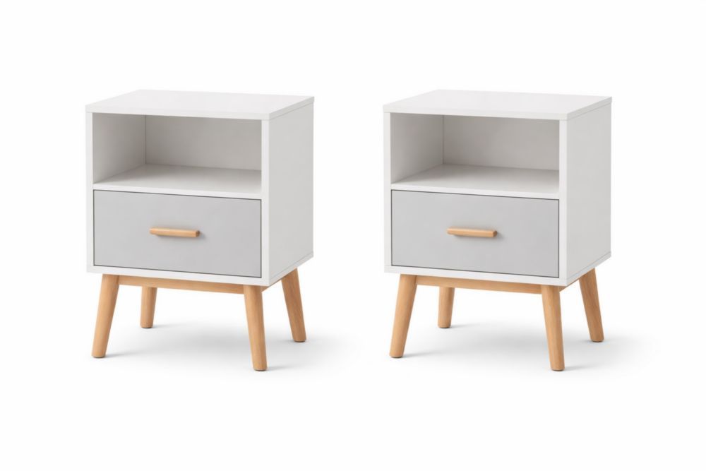 Set of 2 MDF and Pine Wood Nightstands with Drawer and Open Shelf White/Gray-Jardinonara