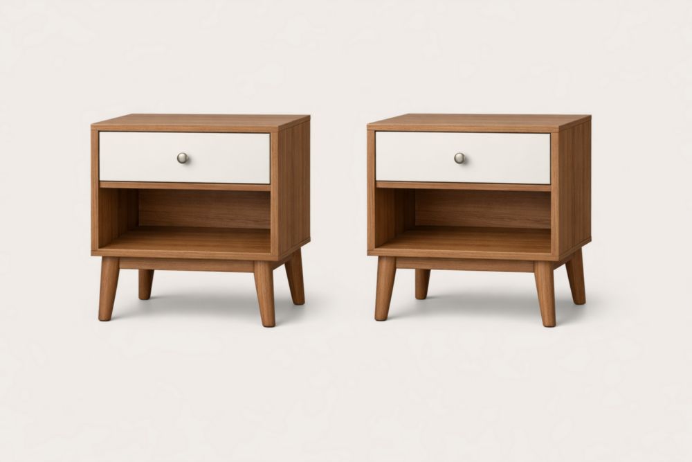 Wood Nightstand Set with Drawer and Shelf Natural White-Jardinonara