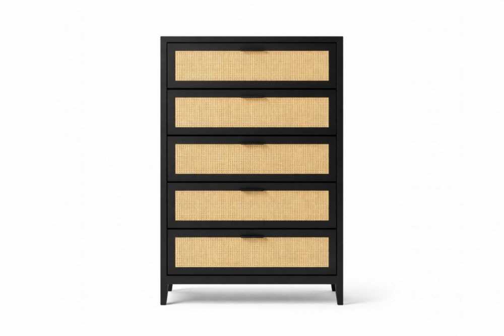 Black and Natural 5-Drawer Rattan Tall Dresser-Jardinonara