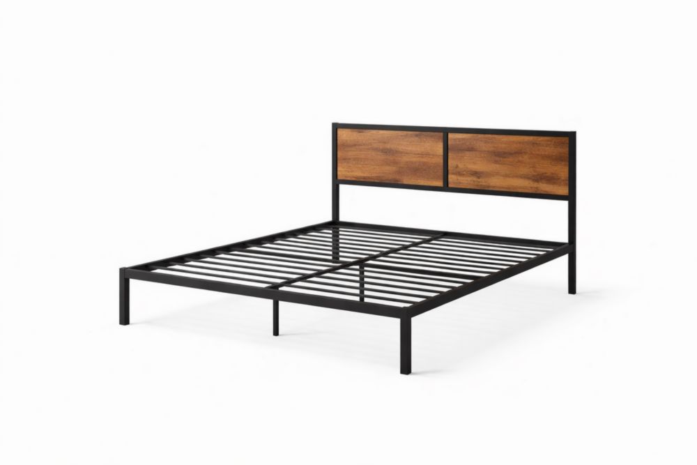Queen Size Metal and Wood Platform Bed Frame Black Brown-Jardinonara