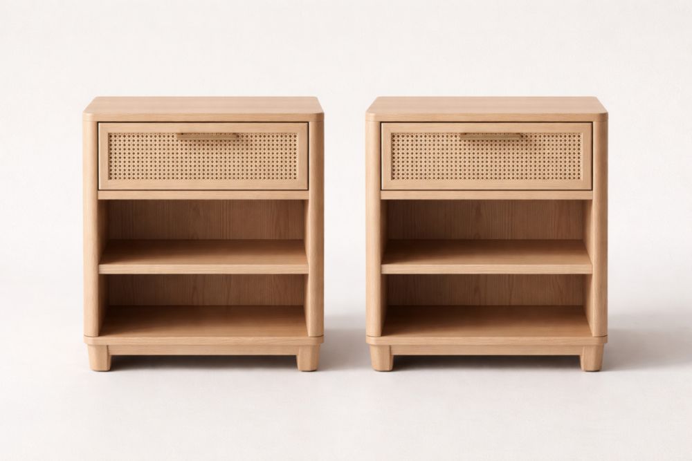 Wooden Nightstand Set with Cane Drawer and Open Shelves - Natural-Jardinonara