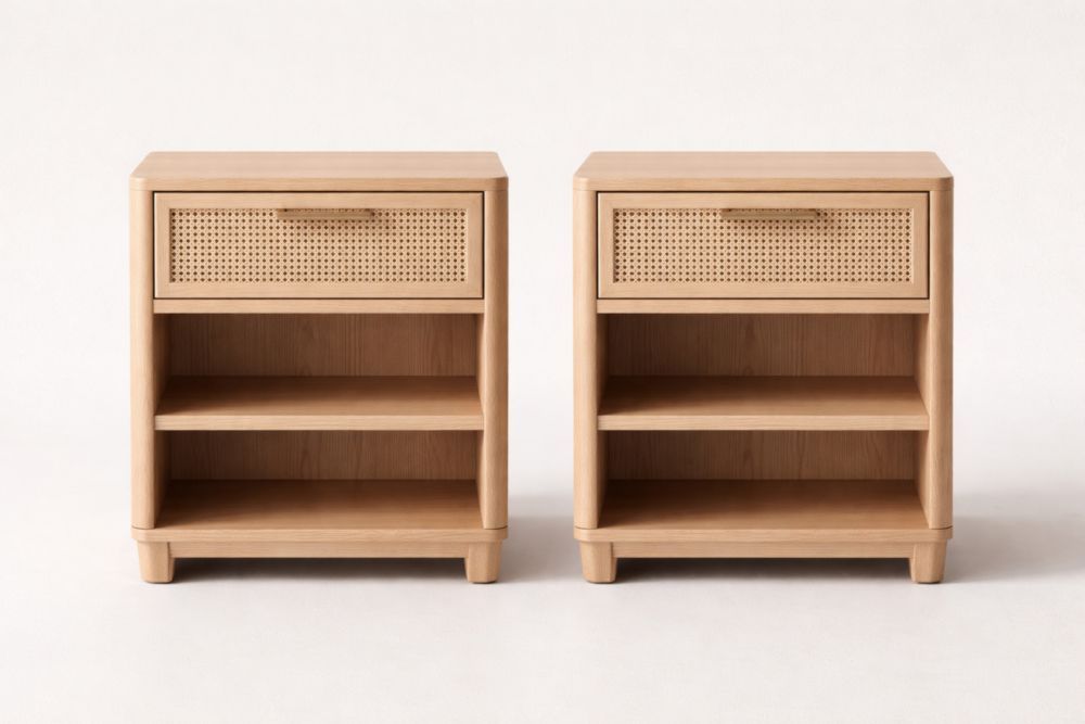 Wooden Nightstand Set with Cane Drawer and Open Shelves - Natural-Jardinonara