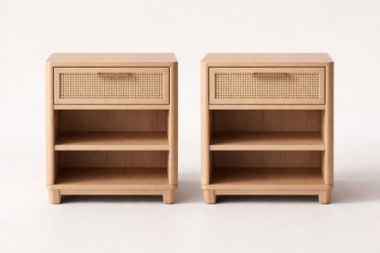 Wooden Nightstand Set with Cane Drawer and Open Shelves - Natural-Jardinonara