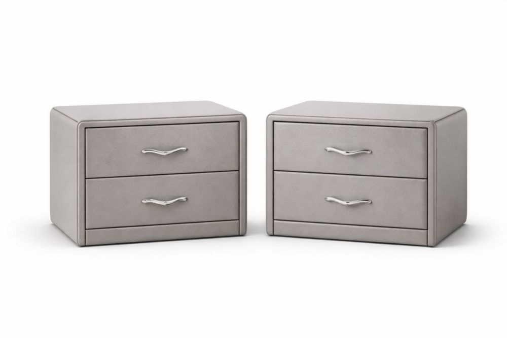 Set of 2 Gray PU Leather Nightstands with 2 Drawers and Metal Handles-Jardinonara