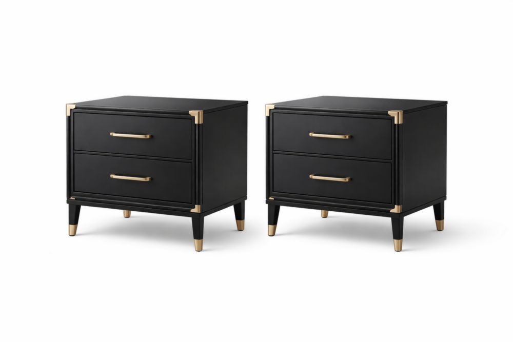 Set of 2 Black Wood Nightstands with Gold Accents and Two Drawers-Jardinonara