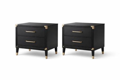 Set of 2 Black Wood Nightstands with Gold Accents and Two Drawers-Jardinonara