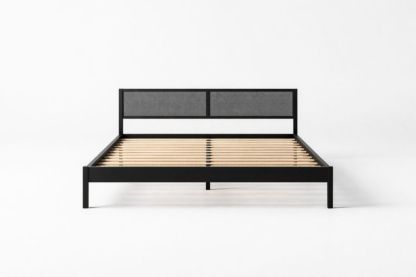 Queen Size Black Metal Bed Frame with Mesh Headboard and Wooden Slats-Jardinonara