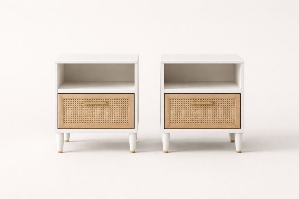Set of 2 White Wood Nightstands with Rattan Drawer and Open Shelf-Jardinonara